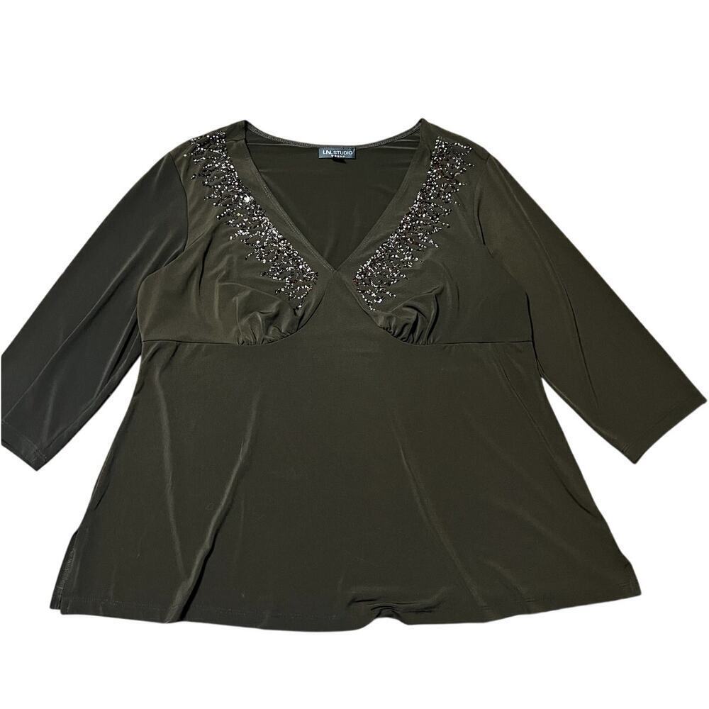 Vintage Y2K IN Studios Brown Beaded Top Size 1X
